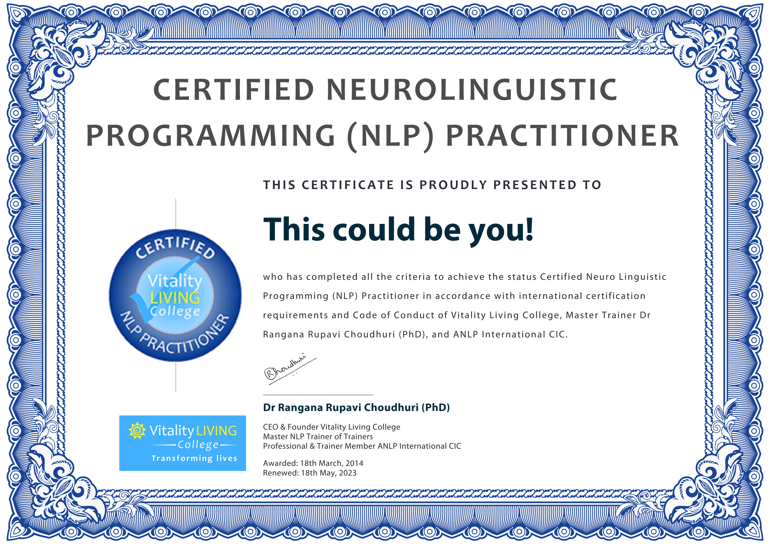 NLP Practitioner  Certificate